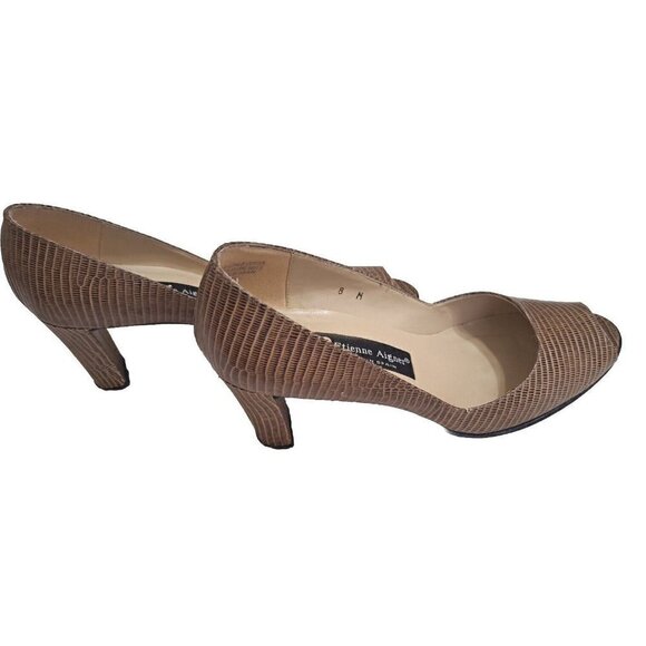 Etienne Aigner Women's 8M Brown Peep-Toe Snakeskin Leather Pumps 3" Heel - Picture 3 of 11